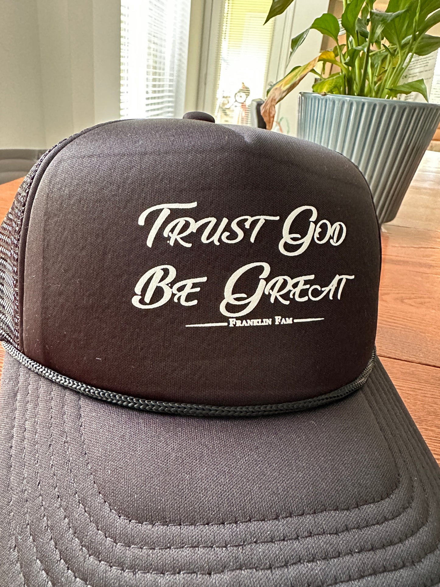 Trust God Be Great Original Trucker Hat (Purple with White Print)