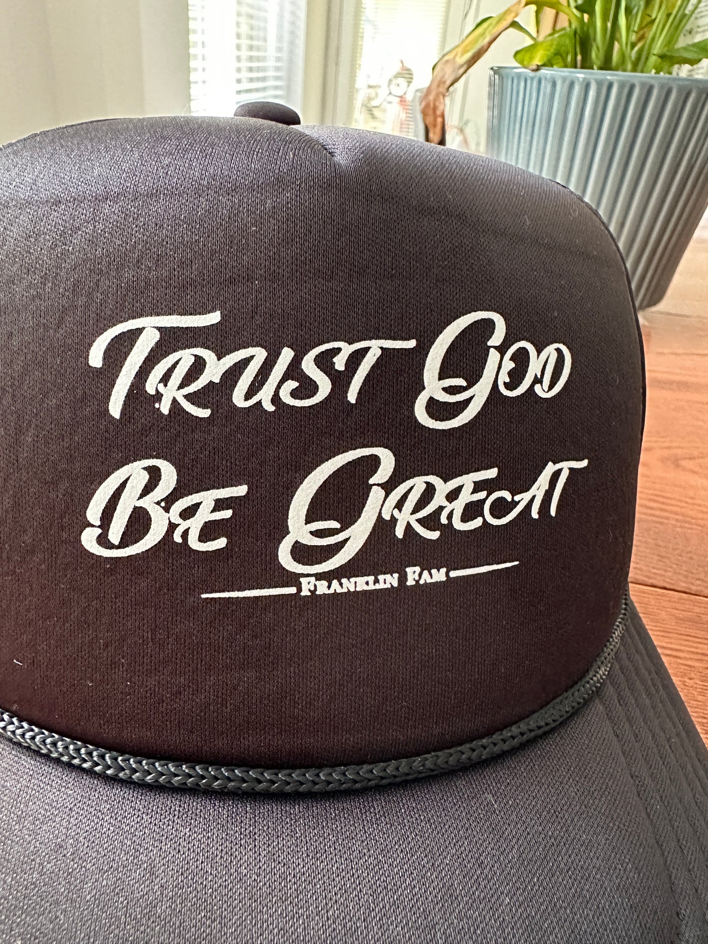 Trust God Be Great Original Trucker Hat (Purple with White Print)