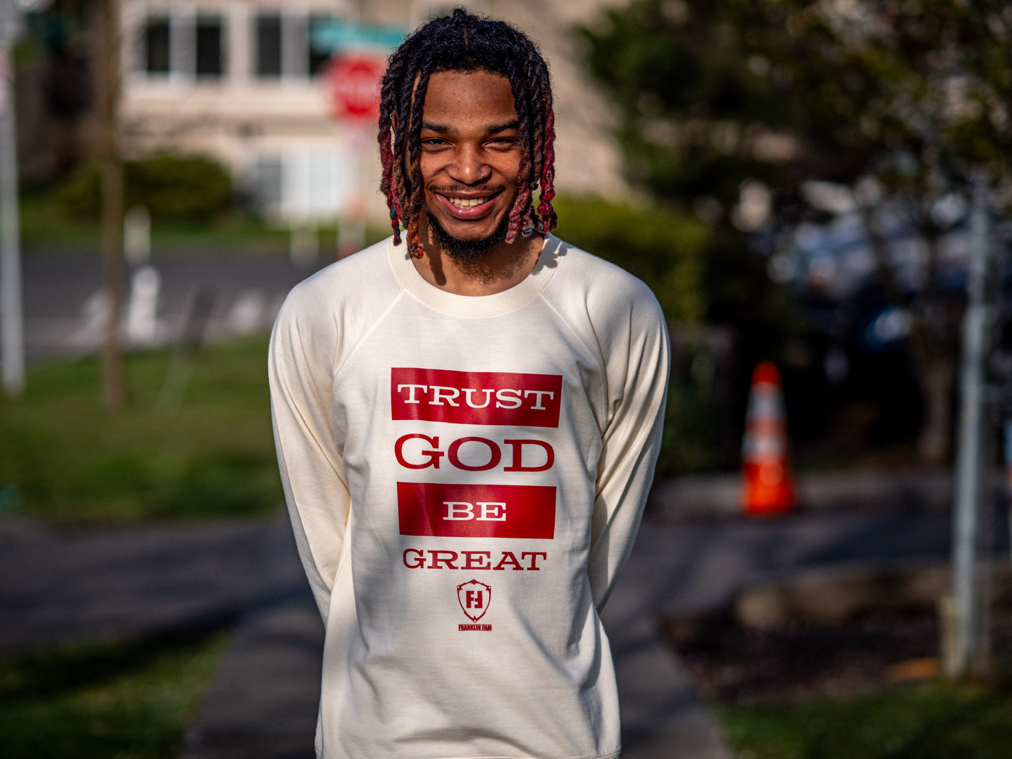 Trust God 2.0 Bone Crewneck Sweatshirt (Red Print)