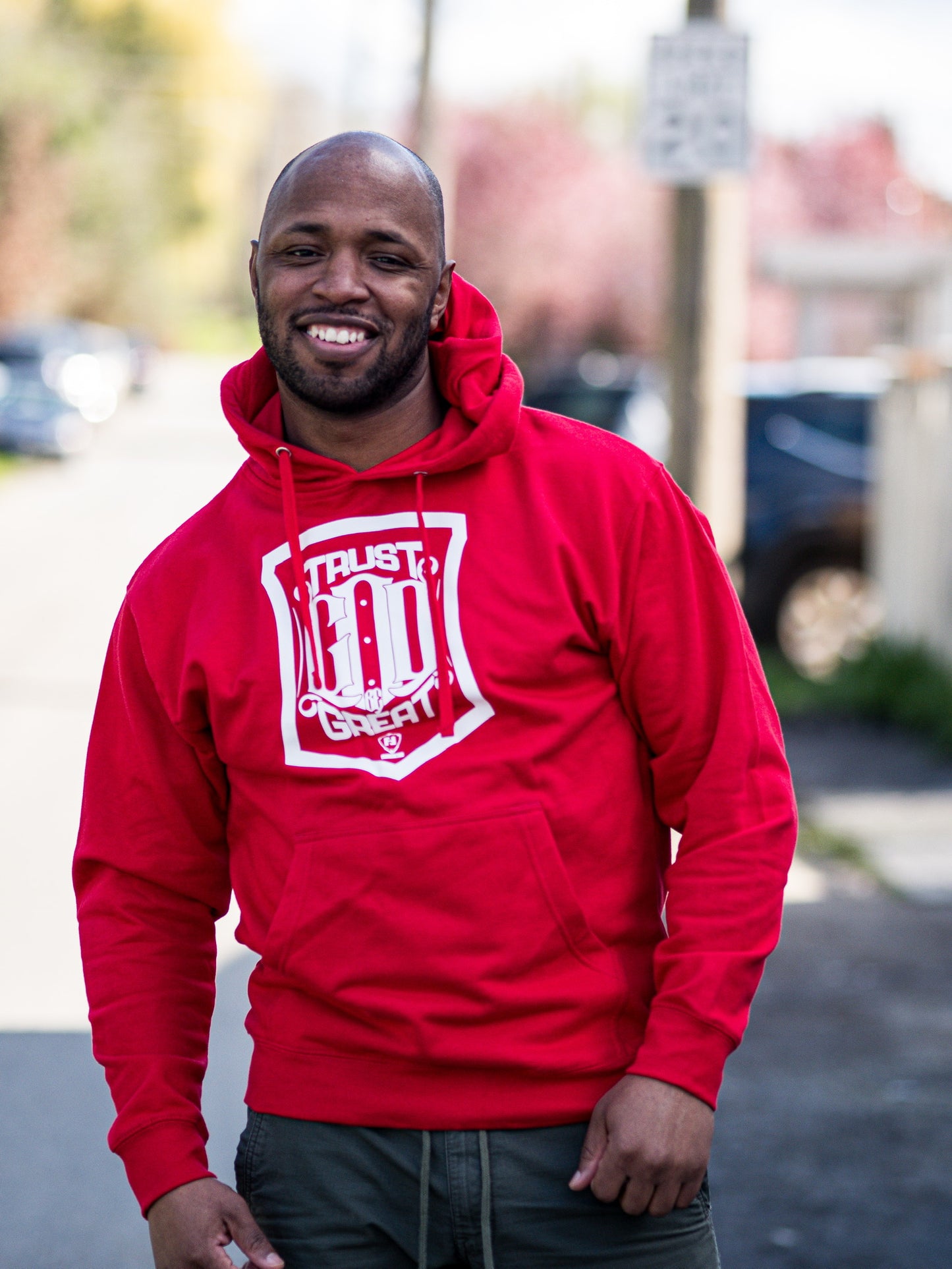 Trust God Be Great Shield Red Hoodie (White Print)