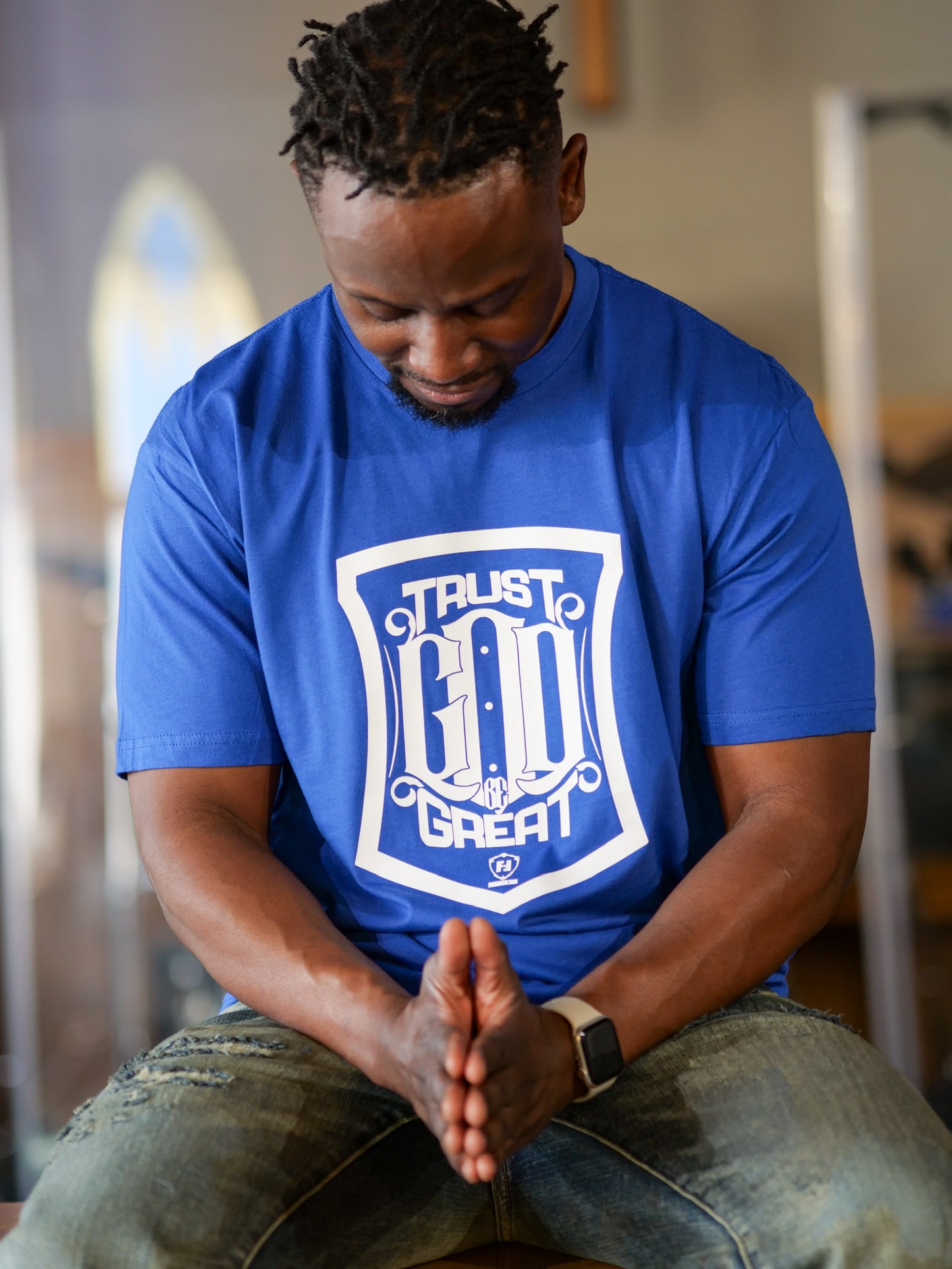 Trust God Be Great Shield T-shirt (Blue with White Print)