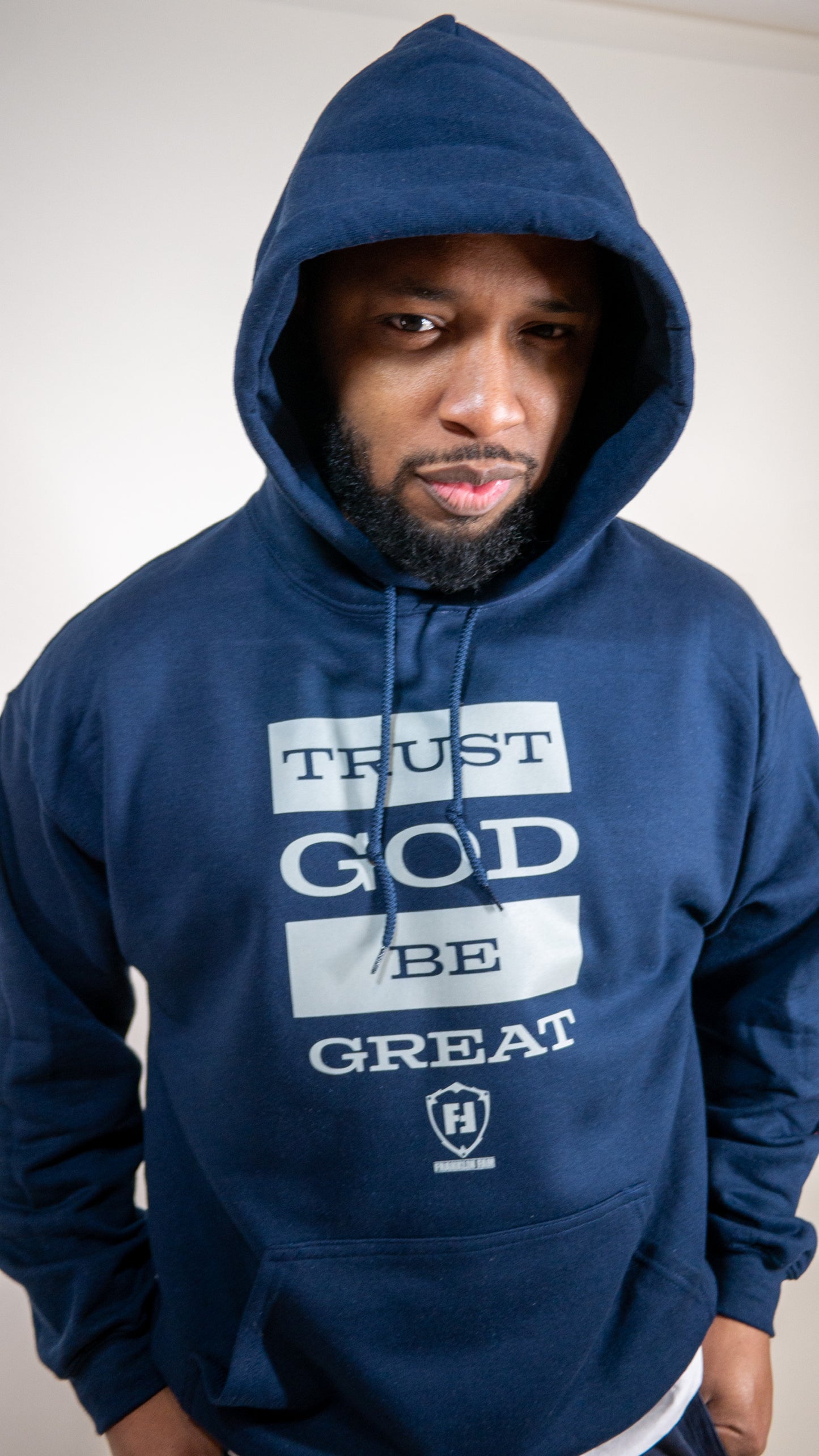 Trust God Be Great 2.0 Navy Hoodie (Grey Print)