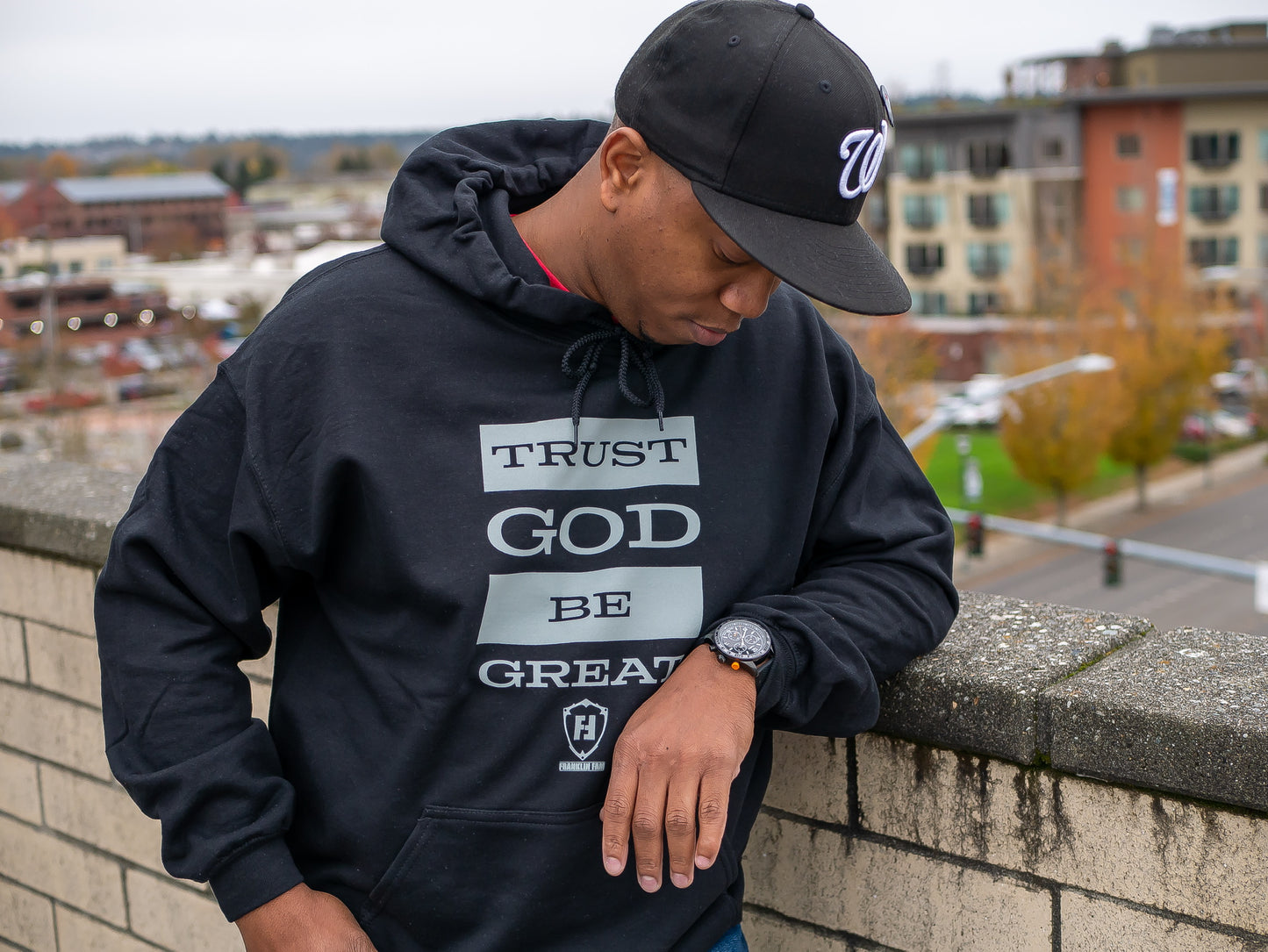 Trust God Be Great 2.0 Black Hoodie (Grey Print)