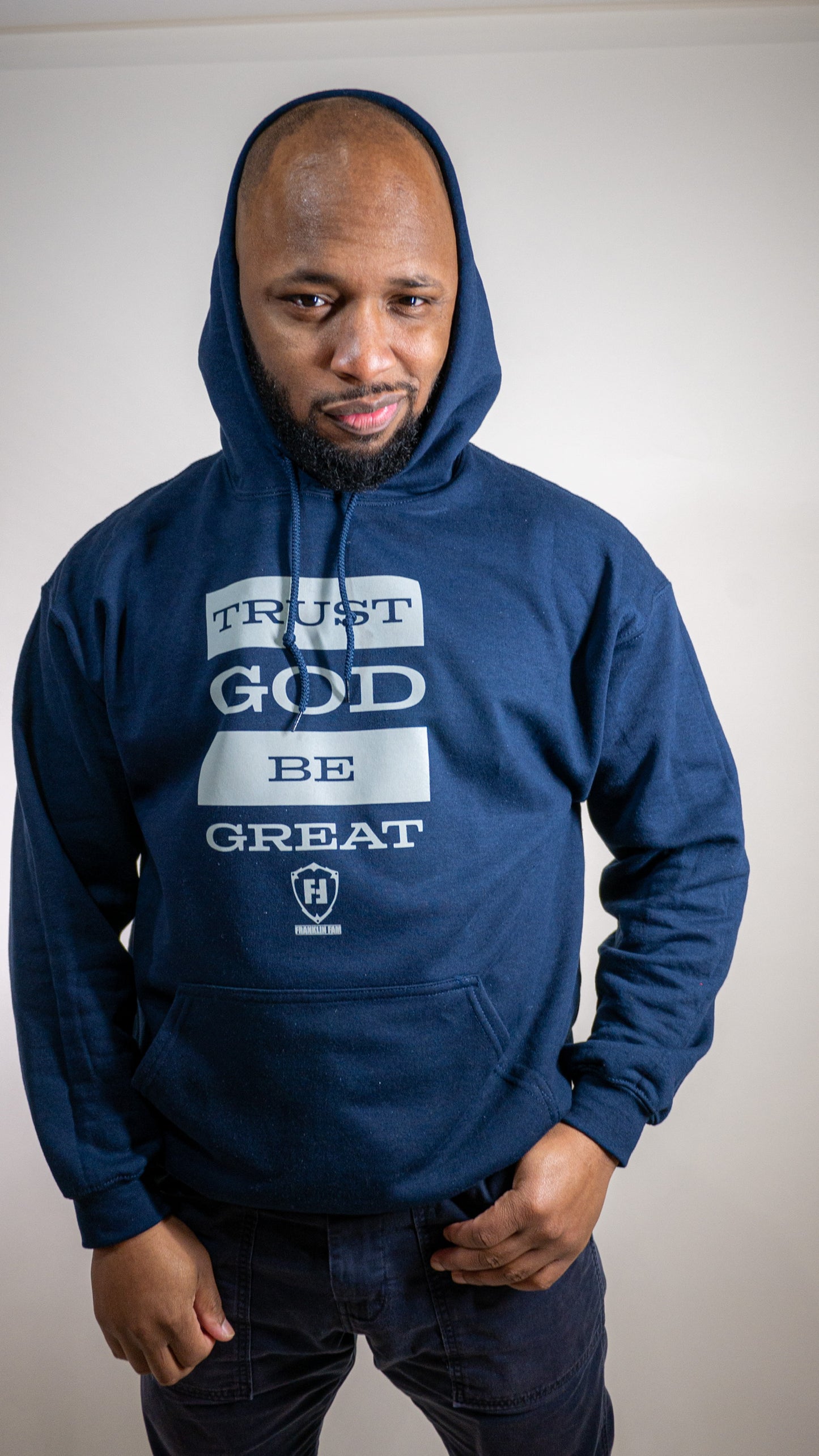 Trust God Be Great 2.0 Navy Hoodie (Grey Print)