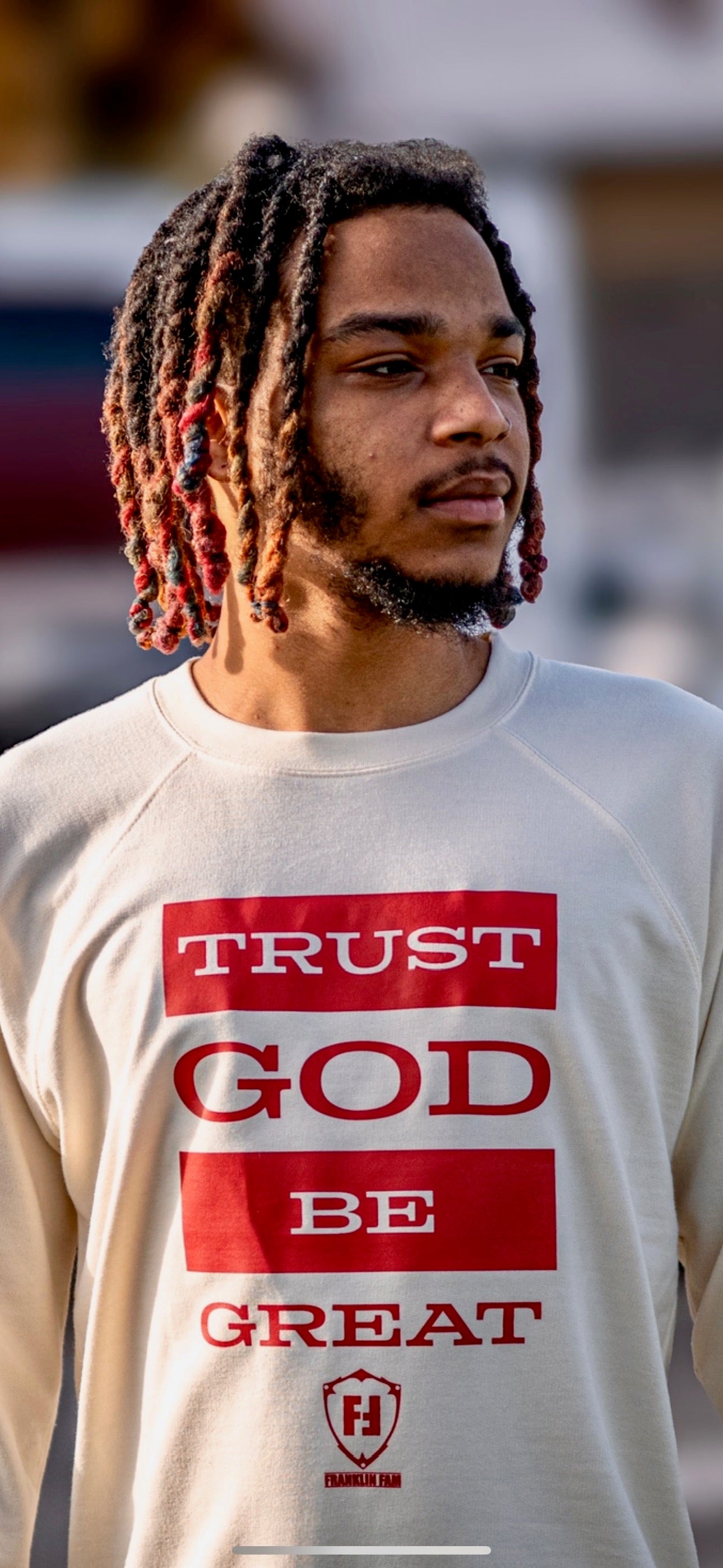 Trust God 2.0 Bone Crewneck Sweatshirt (Red Print)