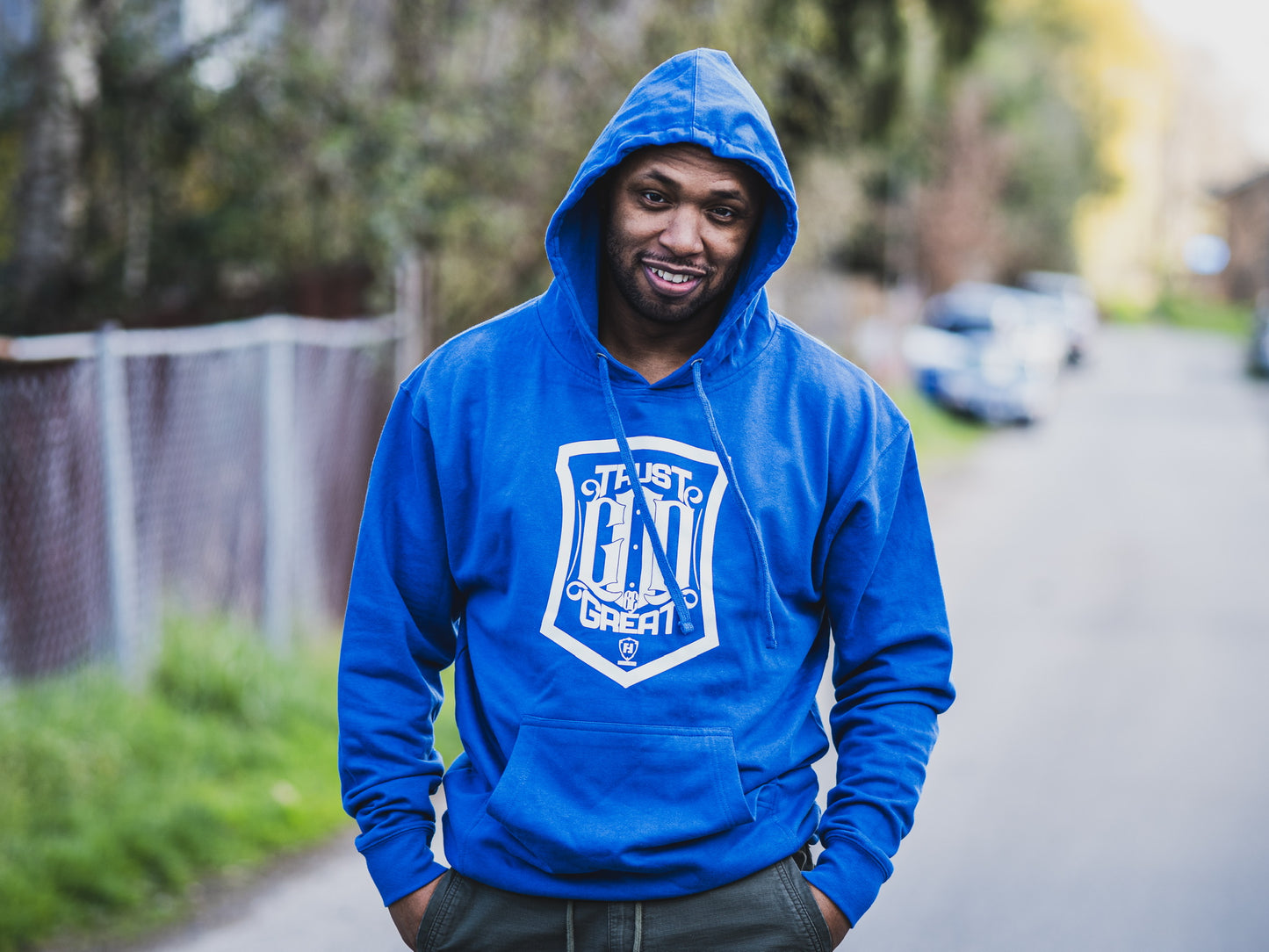 Trust God Be Great Shield Blue Hoodie (White Print)