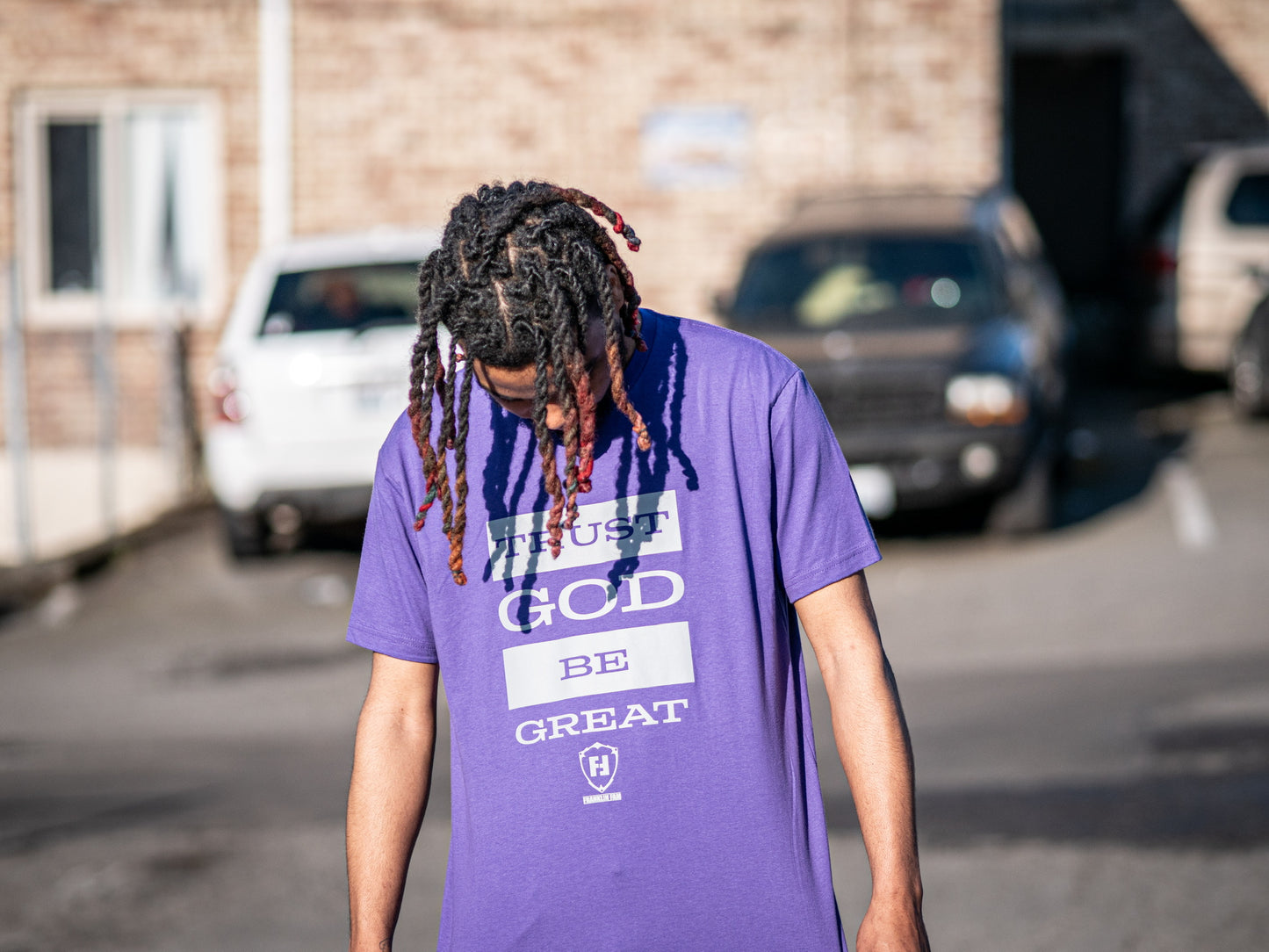 Trust God Be Great 2.0 Purple Shirt (Gray Print)