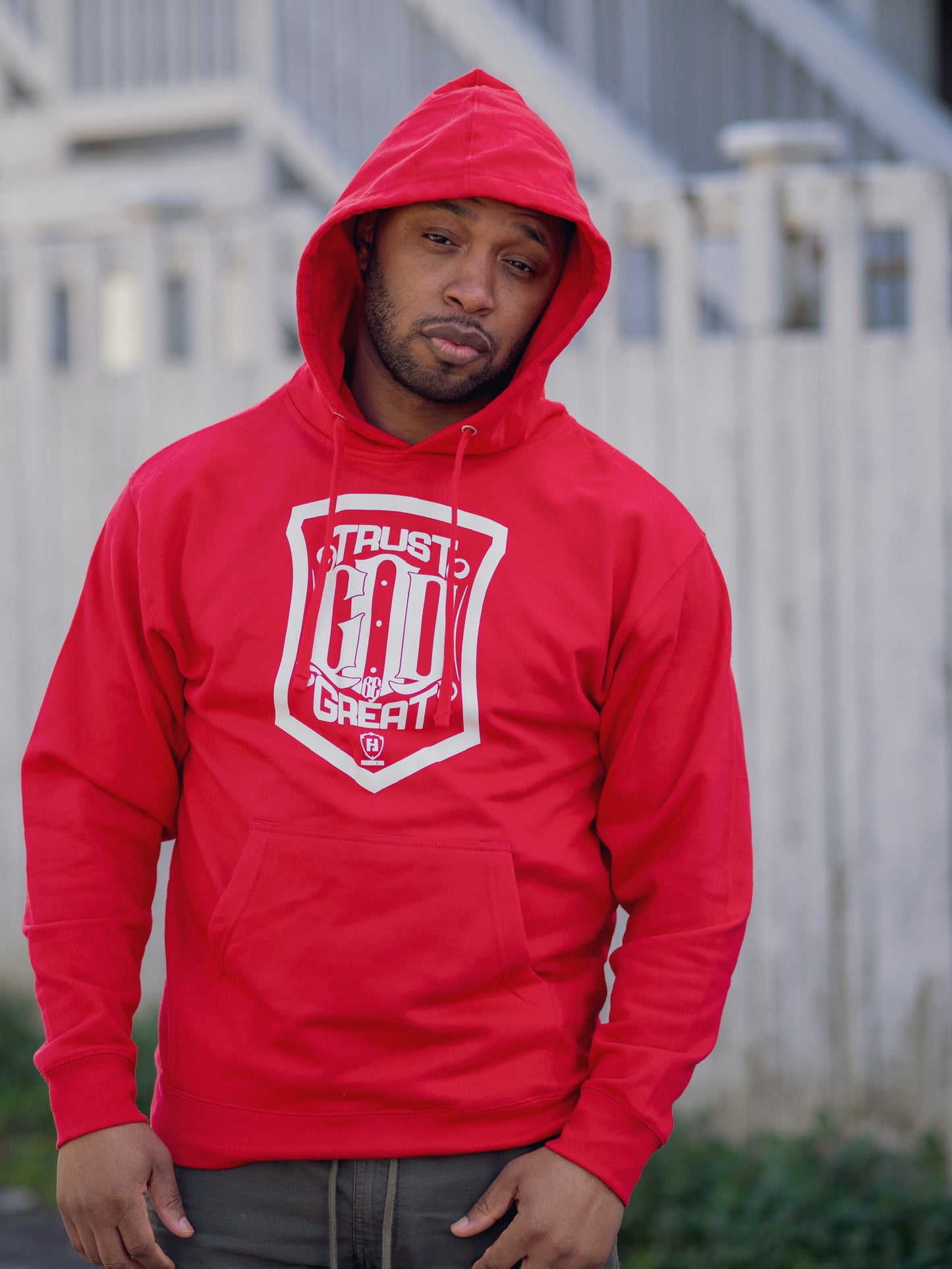 Trust God Be Great Shield Red Hoodie (White Print)