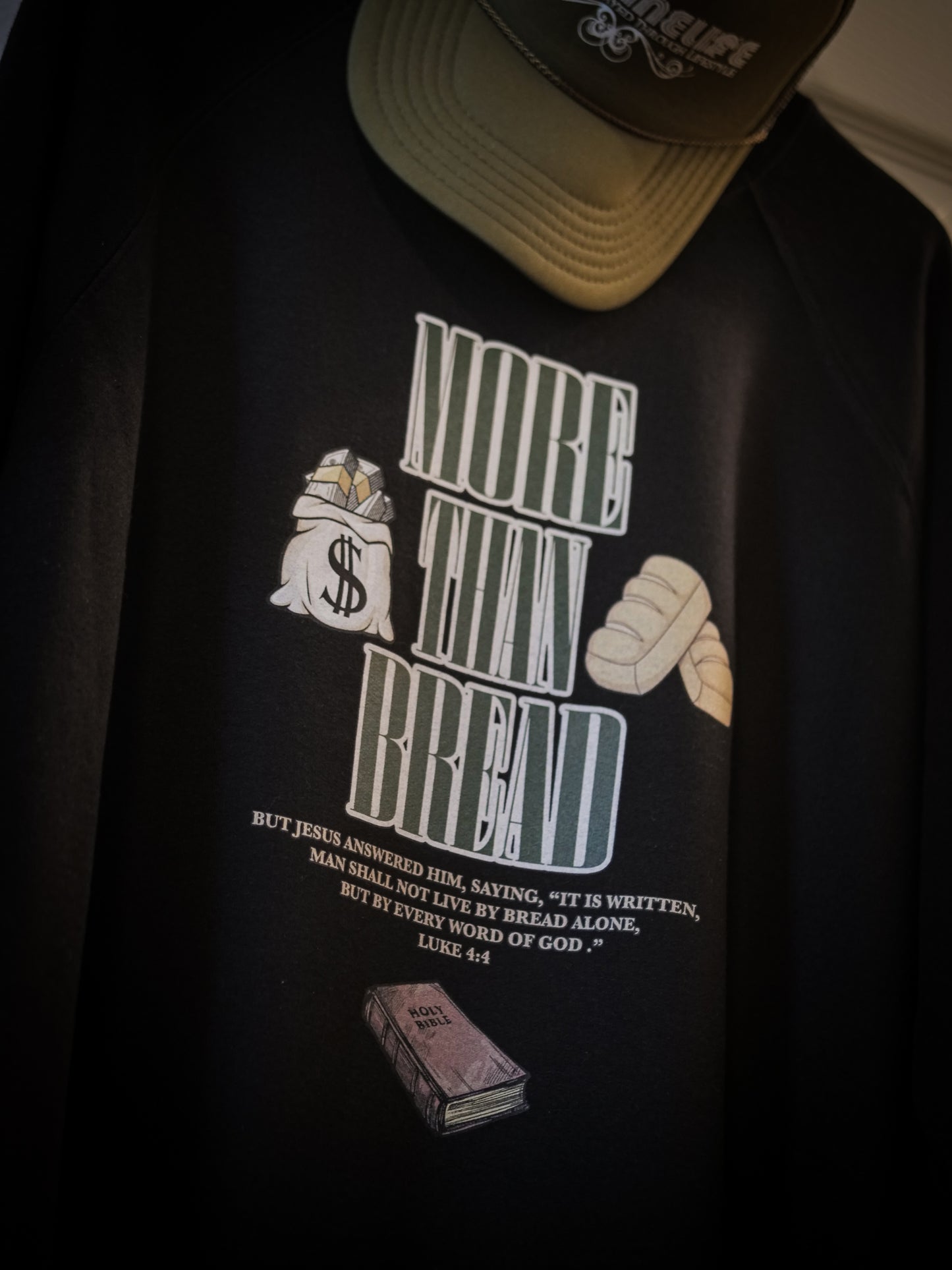 More Than Bread Luke 4:4 Black Crewneck