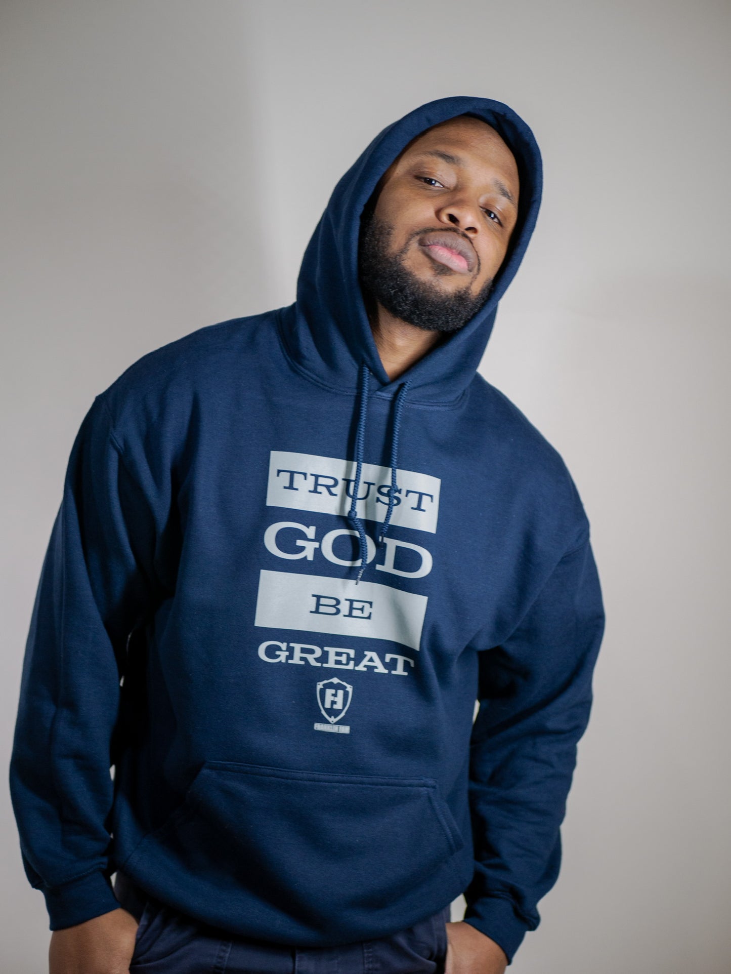 Trust God Be Great 2.0 Navy Hoodie (Grey Print)