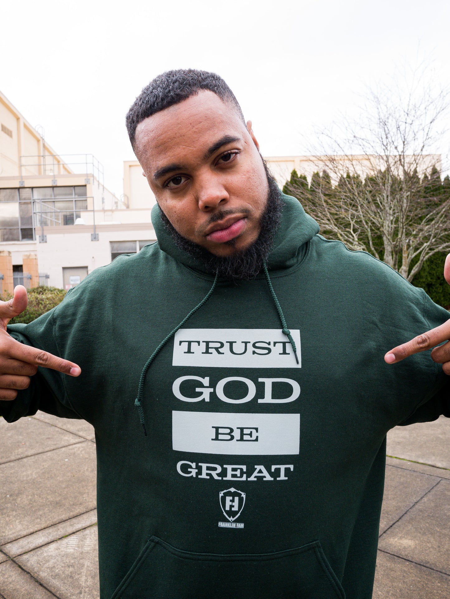 Trust God Be Great 2.0 Forest Green Hoodie (Grey Print)