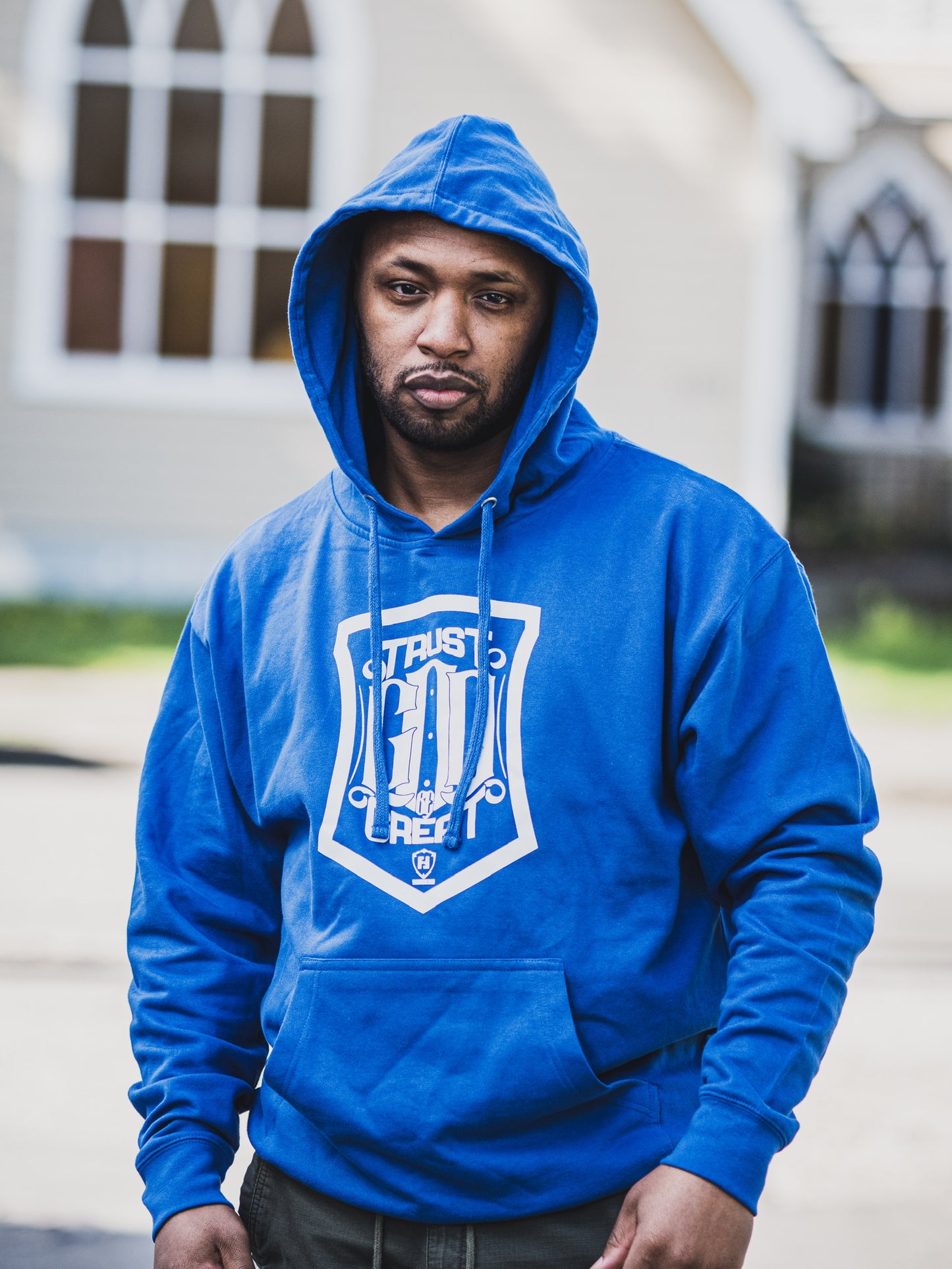 Trust God Be Great Shield Blue Hoodie (White Print)