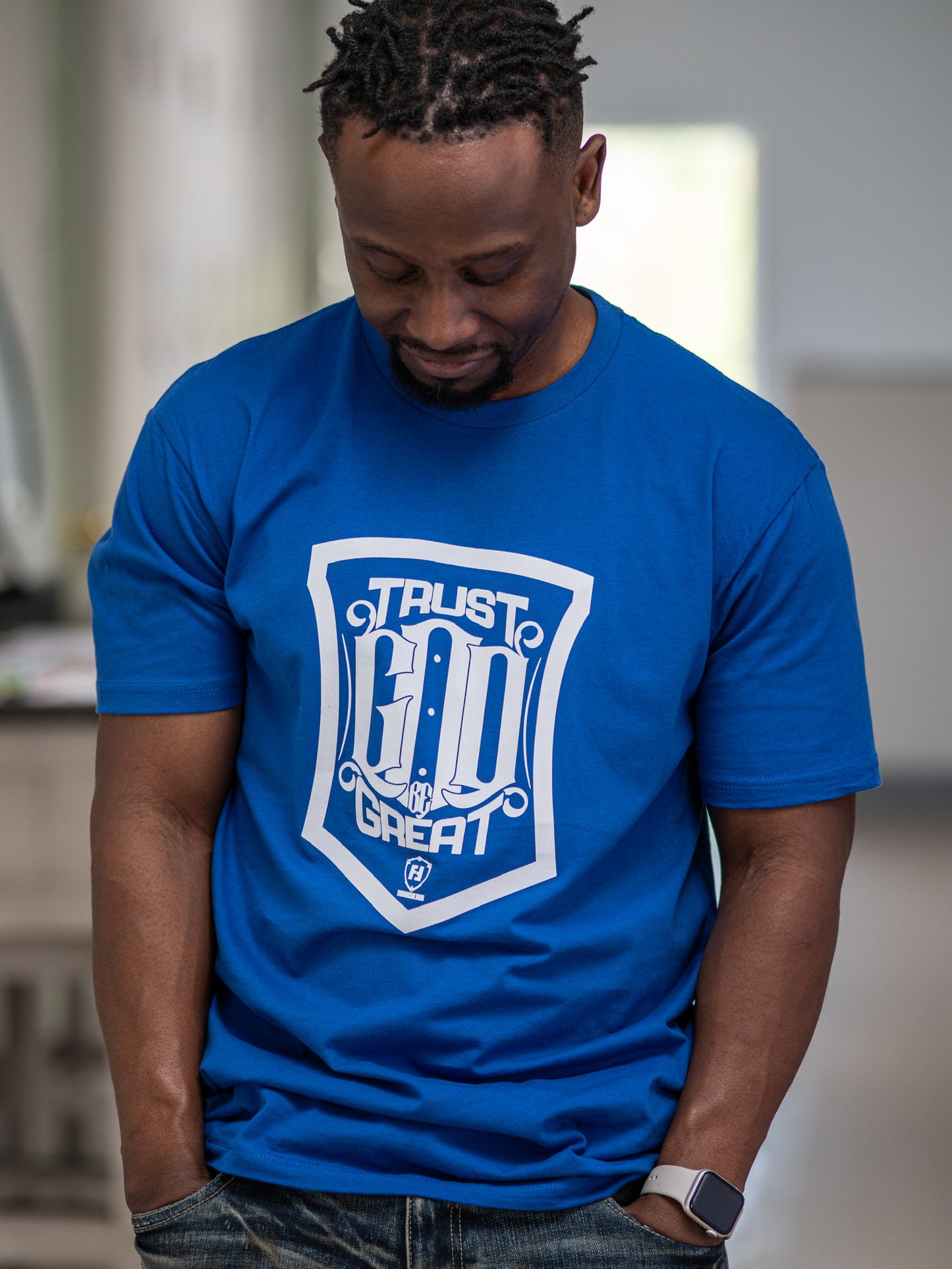 Trust God Be Great Shield T-shirt (Blue with White Print)