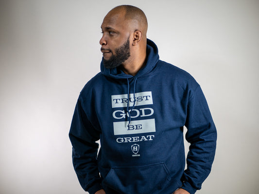 Trust God Be Great 2.0 Navy Hoodie (Grey Print)