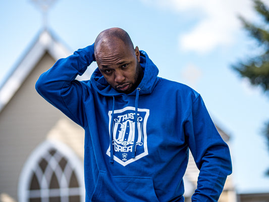 Trust God Be Great Shield Blue Hoodie (White Print)