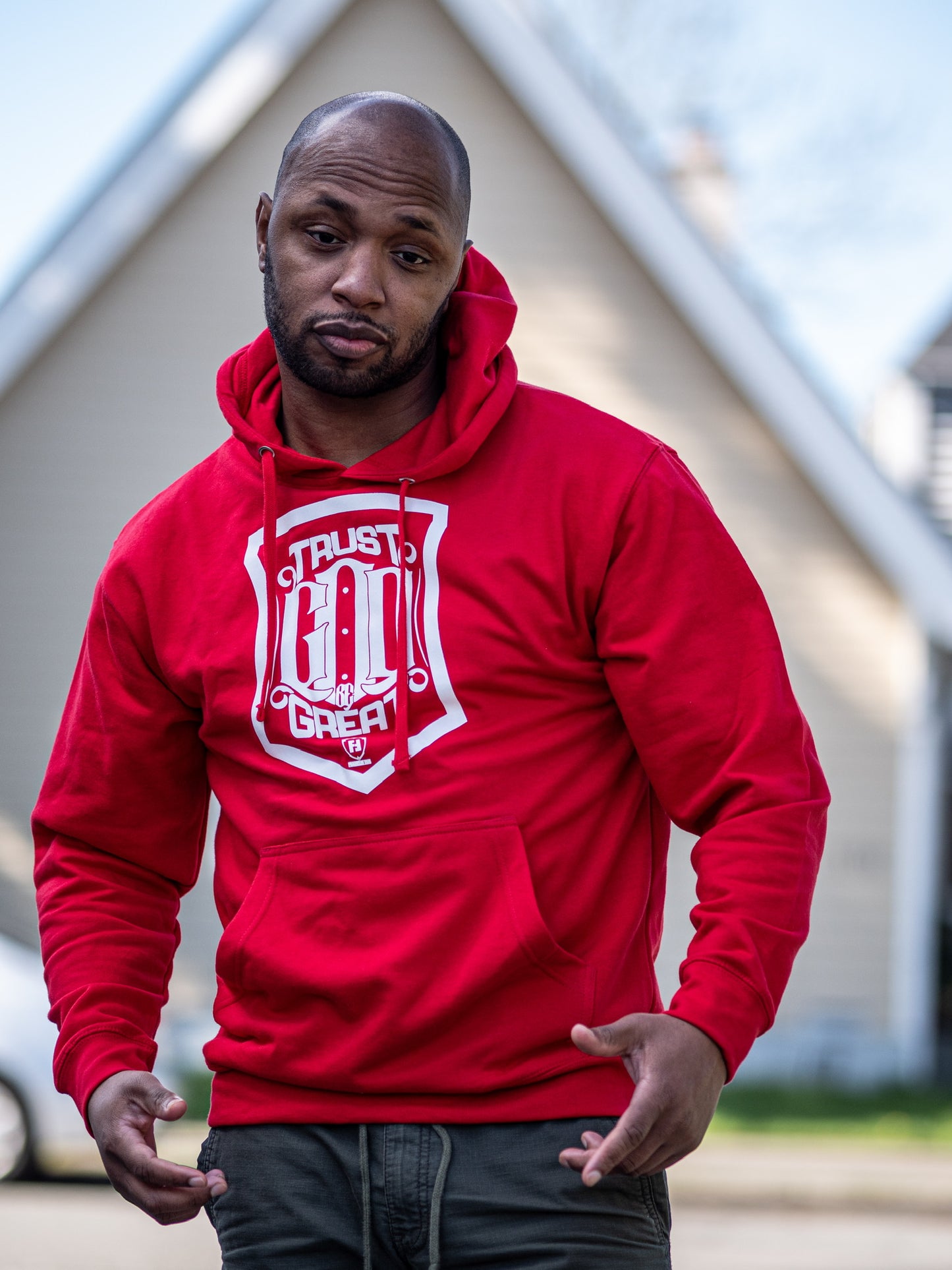 Trust God Be Great Shield Red Hoodie (White Print)