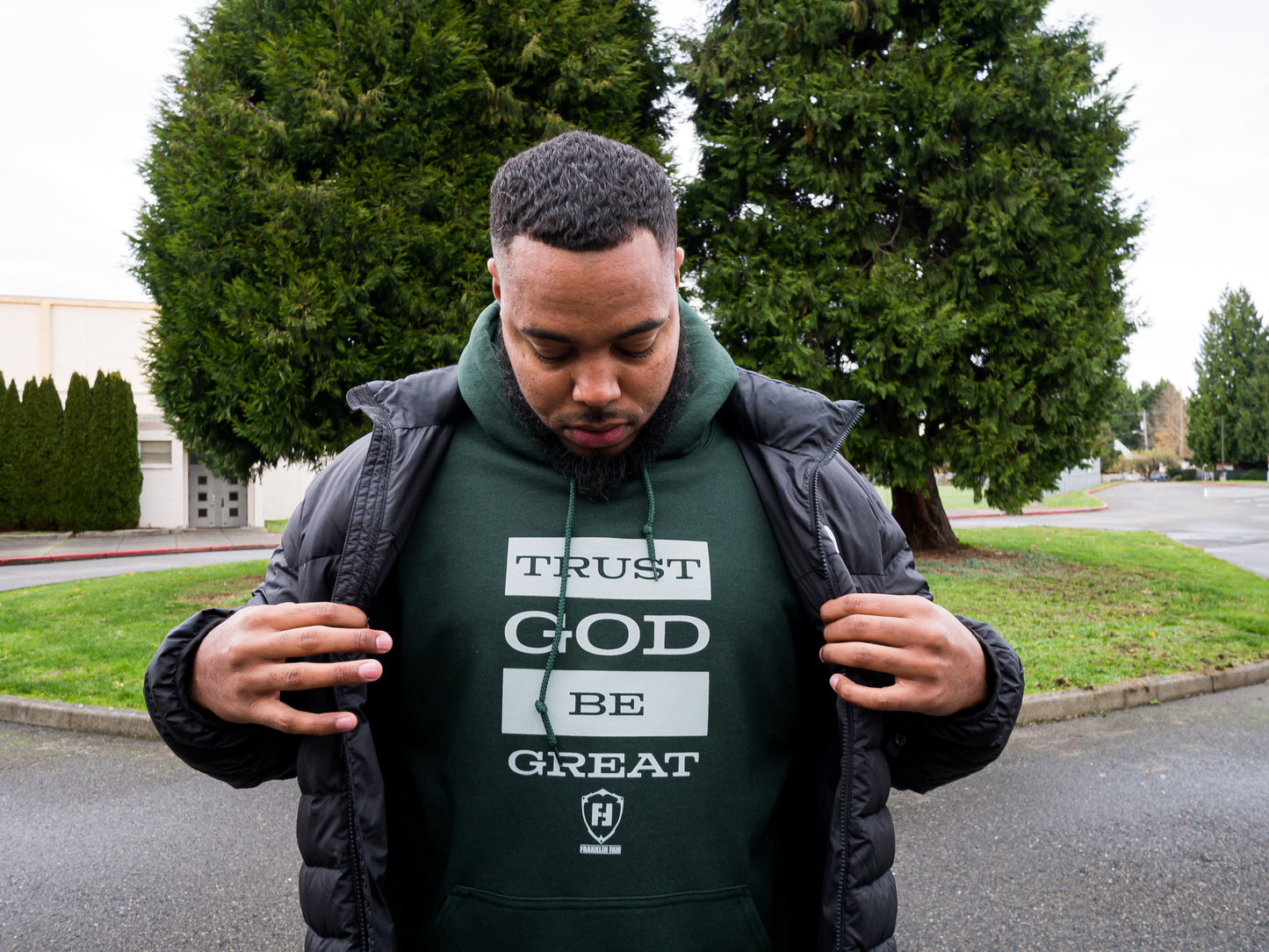 Trust God Be Great 2.0 Forest Green Hoodie (Grey Print)