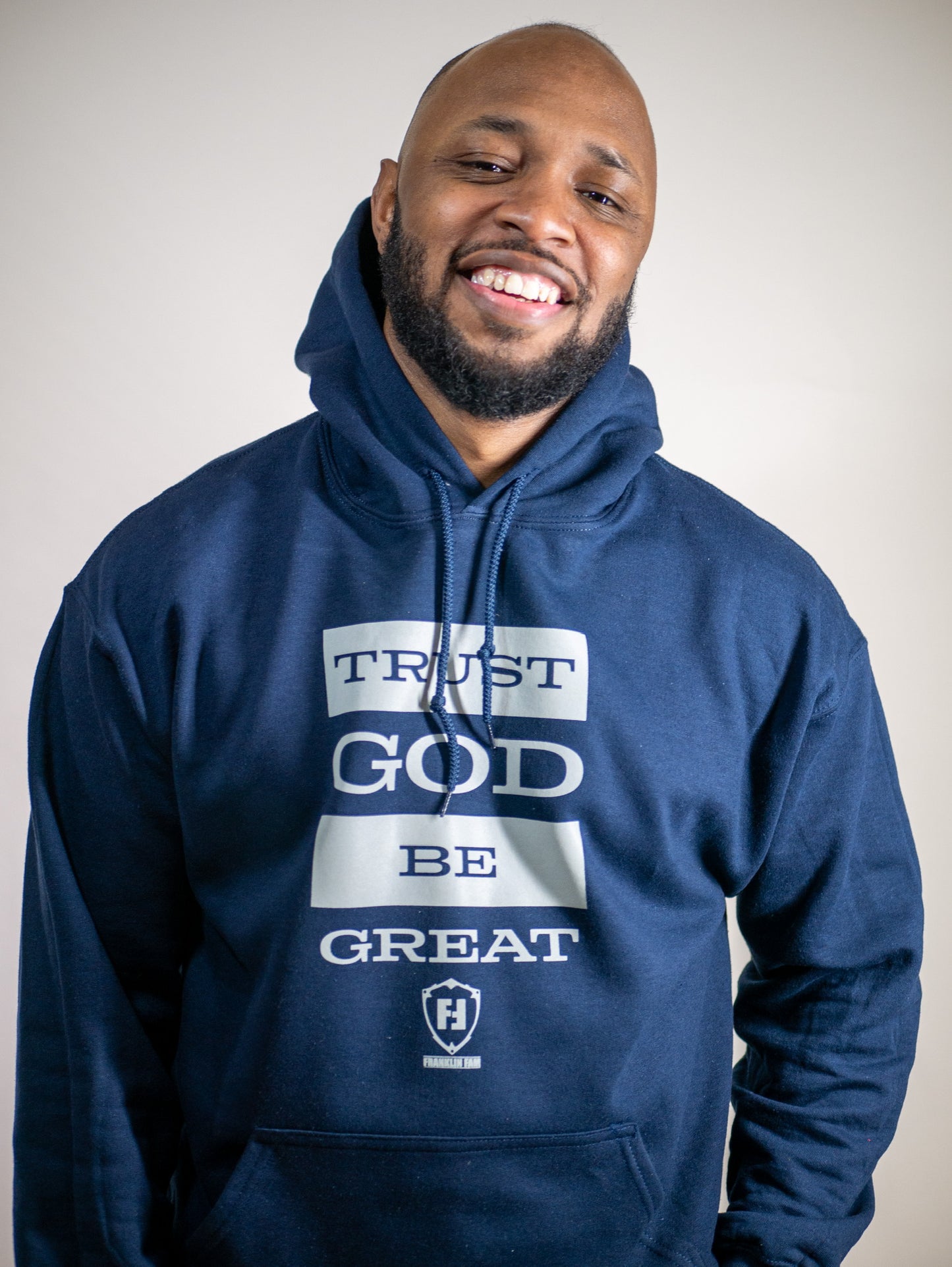 Trust God Be Great 2.0 Navy Hoodie (Grey Print)