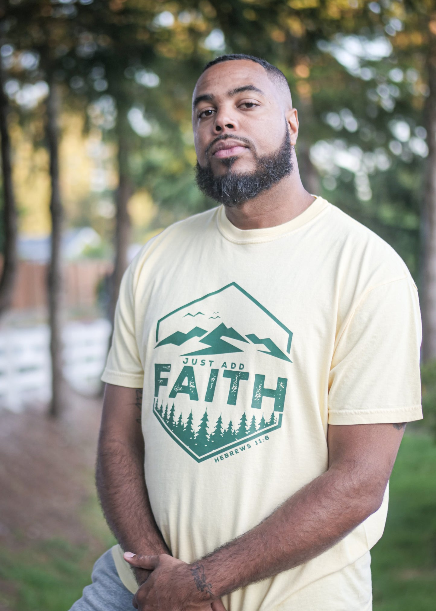 Just Add Faith Heavyweight T-Shirt (Butter Tshirt with Harvest Green Print)