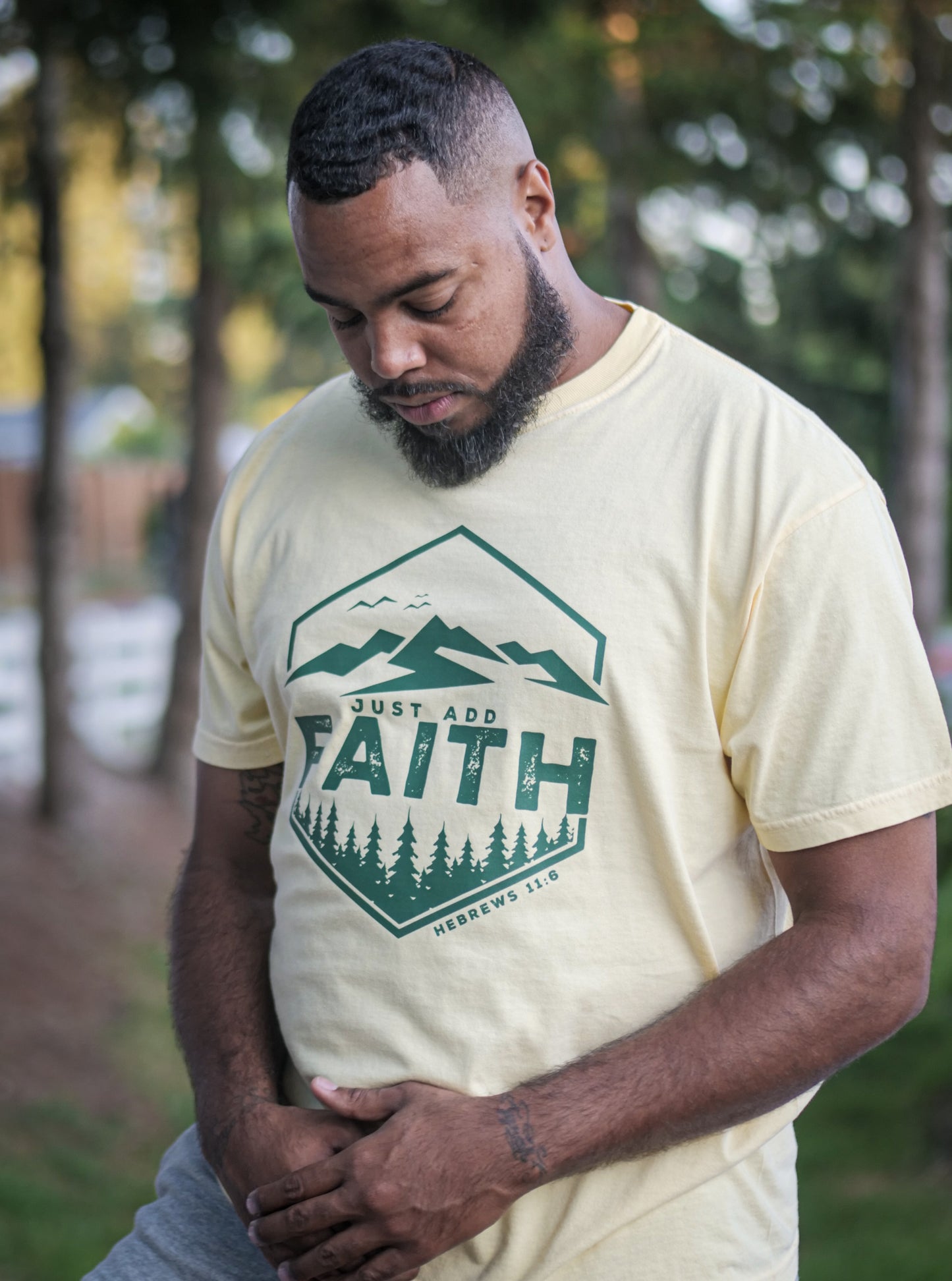 Just Add Faith Heavyweight T-Shirt (Butter Tshirt with Harvest Green Print)