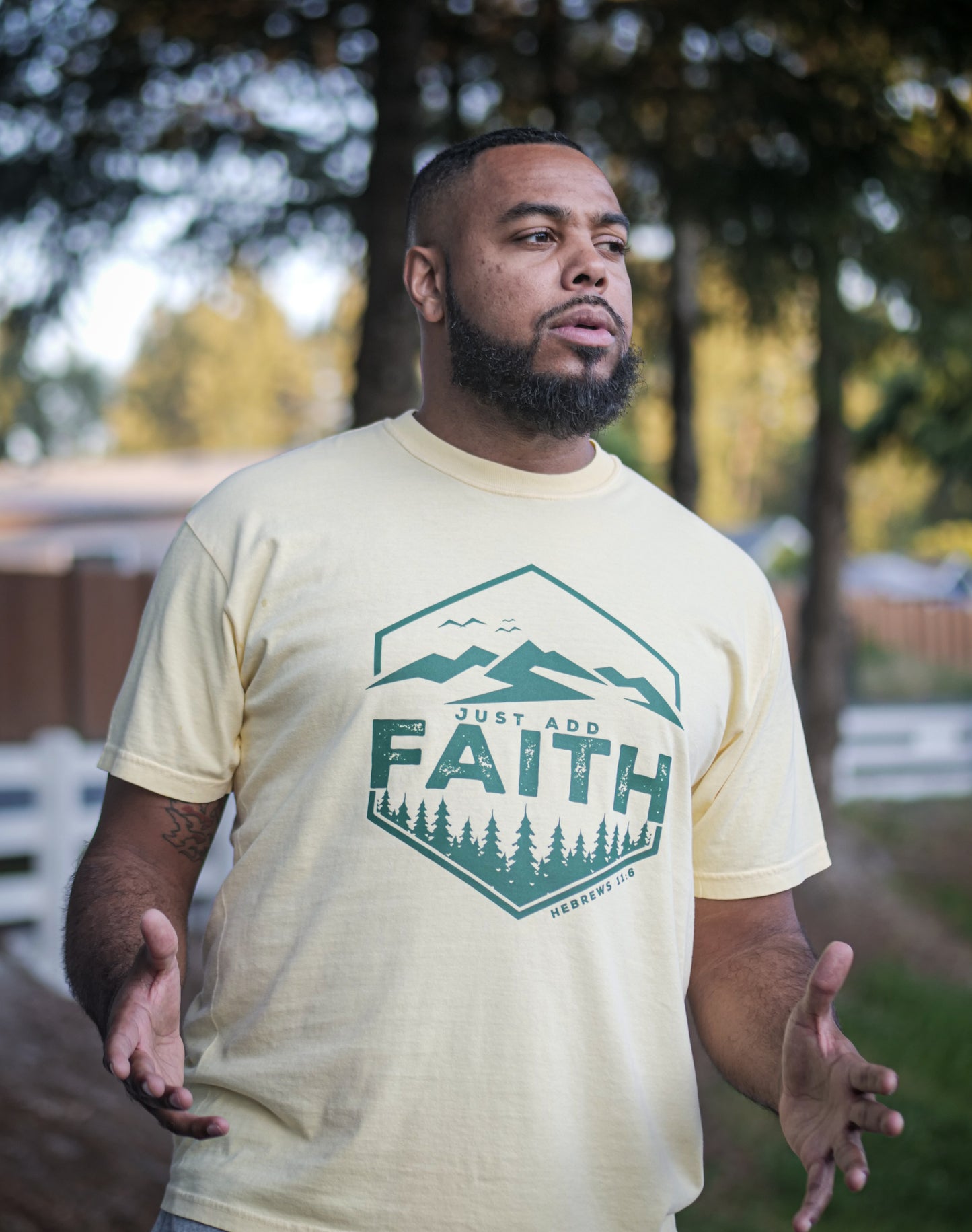 Just Add Faith Heavyweight T-Shirt (Butter Tshirt with Harvest Green Print)