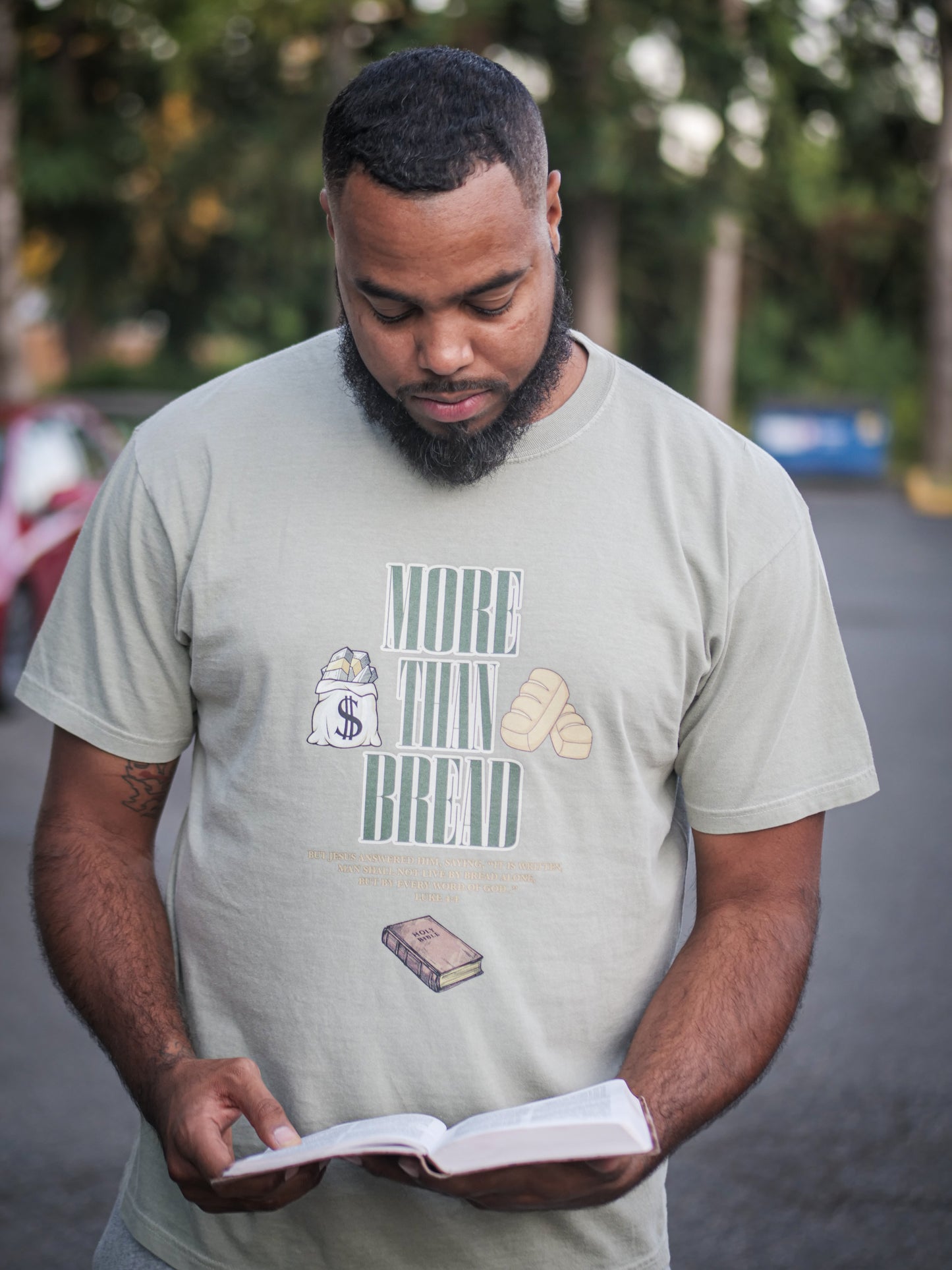 More Than Bread Heavyweight T-Shirt (Sandstone with Multi Color Print)