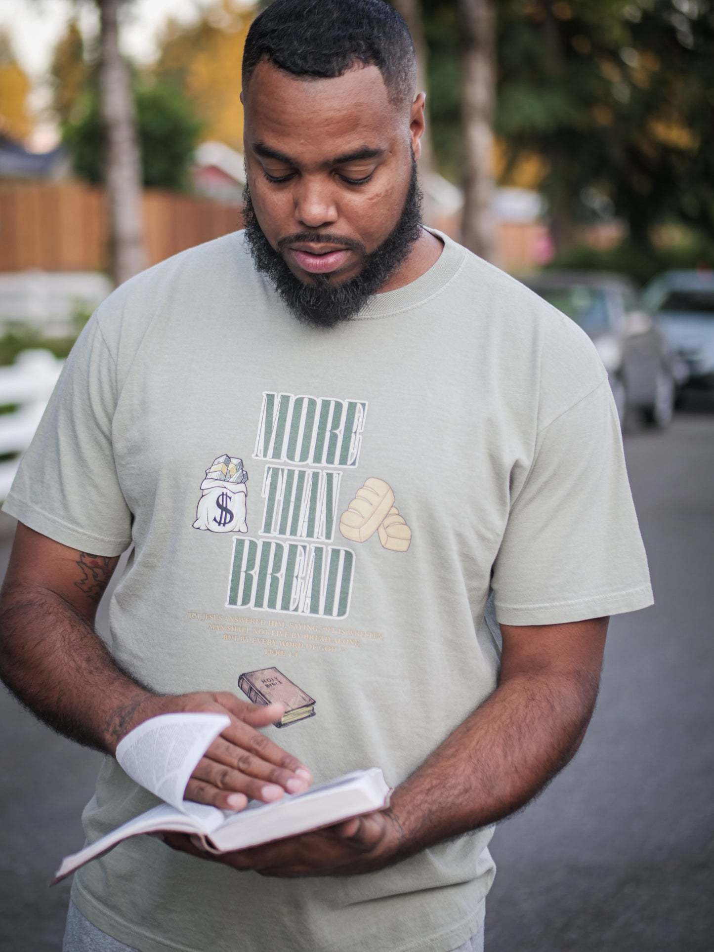 More Than Bread Heavyweight T-Shirt (Sandstone with Multi Color Print)