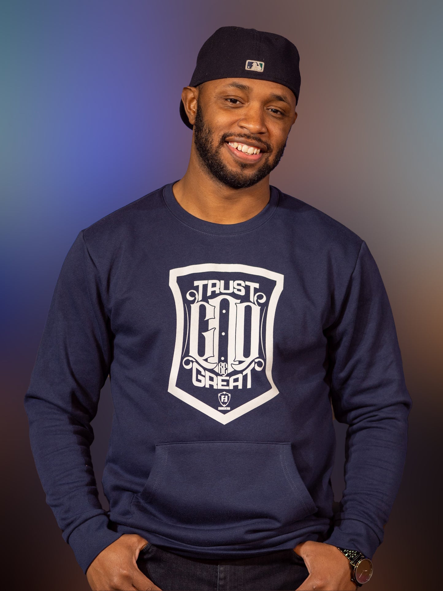 Trust God Be Great Shield Crewneck with Front Pocket Navy (White Print)