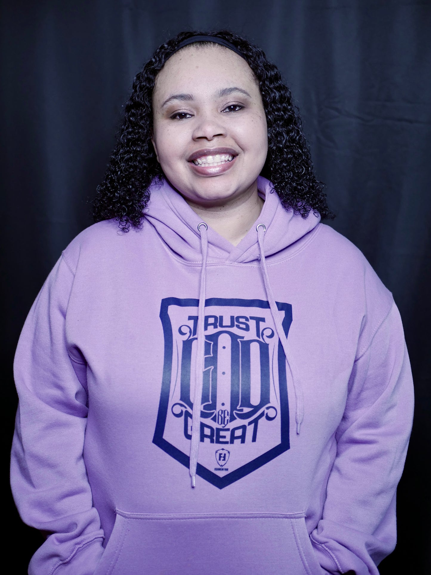 Trust God Be Great Shield Lavender Hoodie (Navy Print)