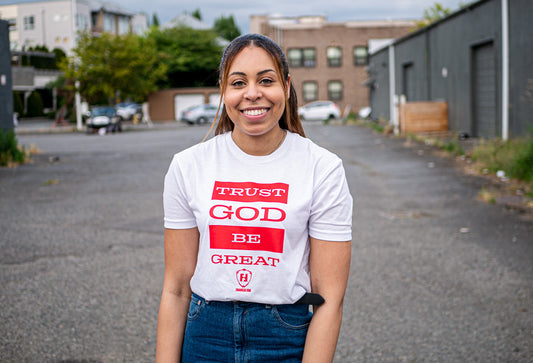 Trust God Be Great 2.0 Tshirt (White with Red Print)