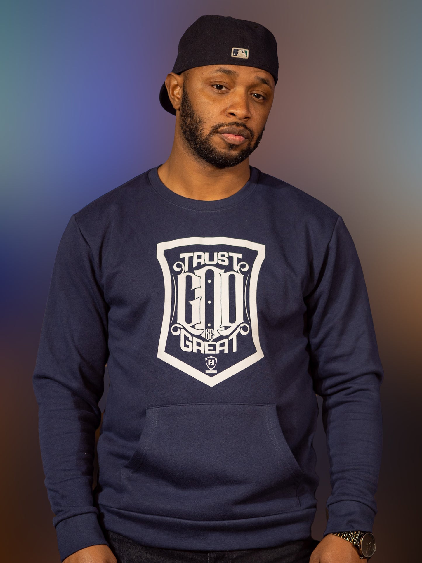 Trust God Be Great Shield Crewneck with Front Pocket Navy (White Print)