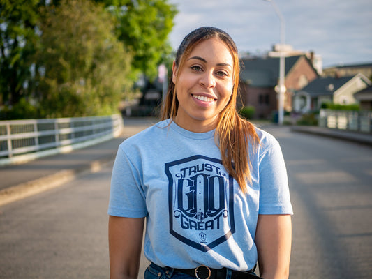 Trust God Be Great Shield Collection T-Shirt (Sky Blue with Navy Print)