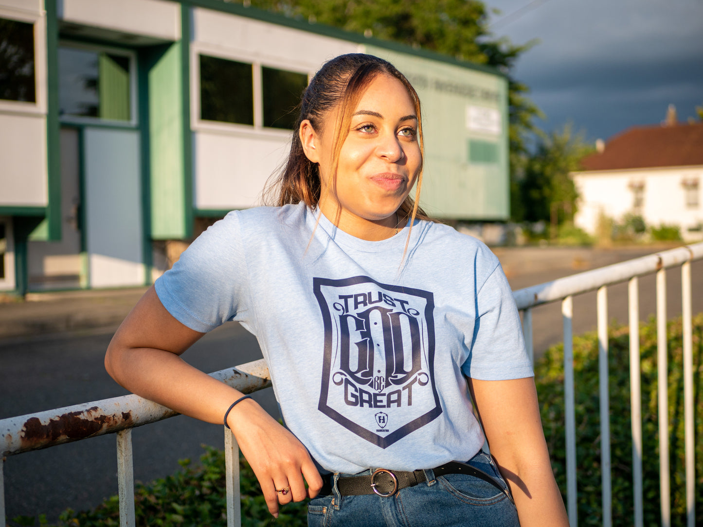 Trust God Be Great Shield Collection T-Shirt (Sky Blue with Navy Print)